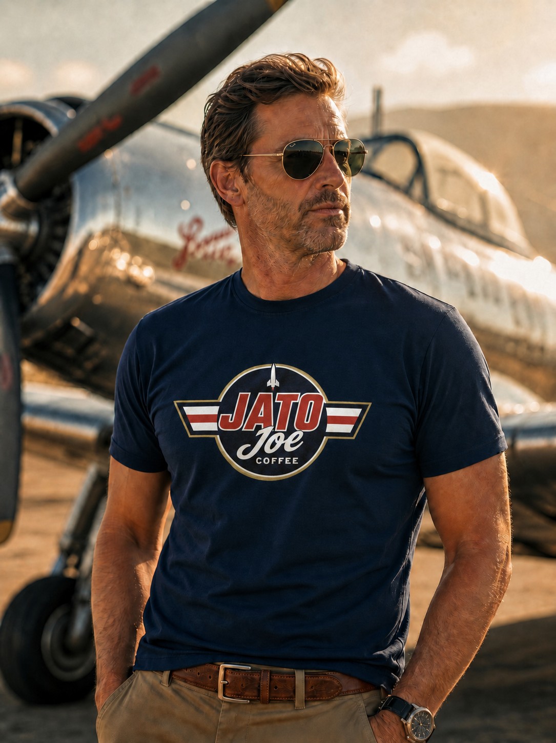 Man wearing the navy JATO Joe Coffee crew tee in front of a vintage aircraft at golden hour